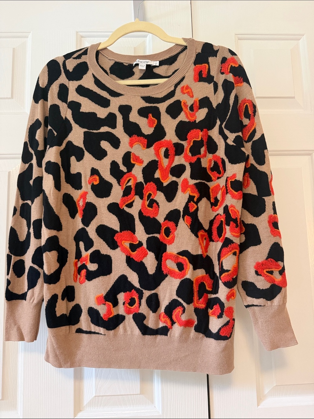 Chico's Leopard Crewneck Sweater - Tan, Black & Red